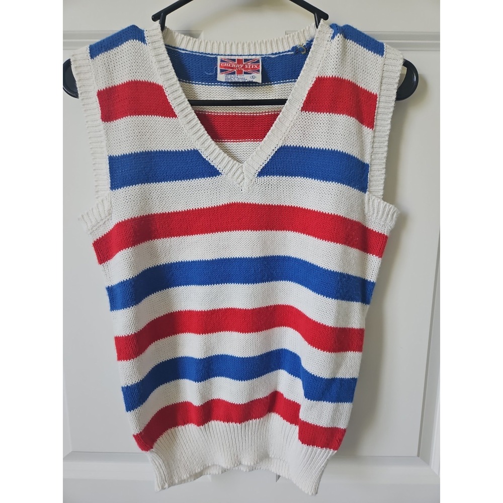 Vintage Cherry Stix Red White‎ Blue Striped V-Neck Sweater Vest Womens Small
